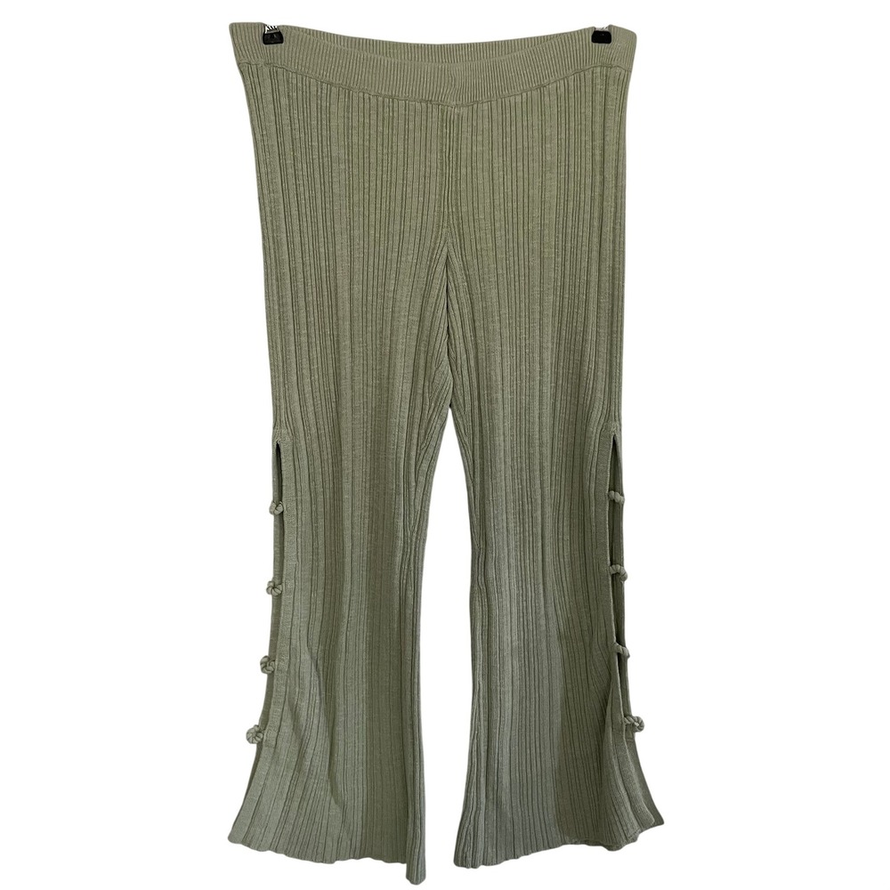 Free People FP Beach Sage Green Ribbed Knit Wide Leg Side Slit Pants Small Boho - Picture 1 of 9